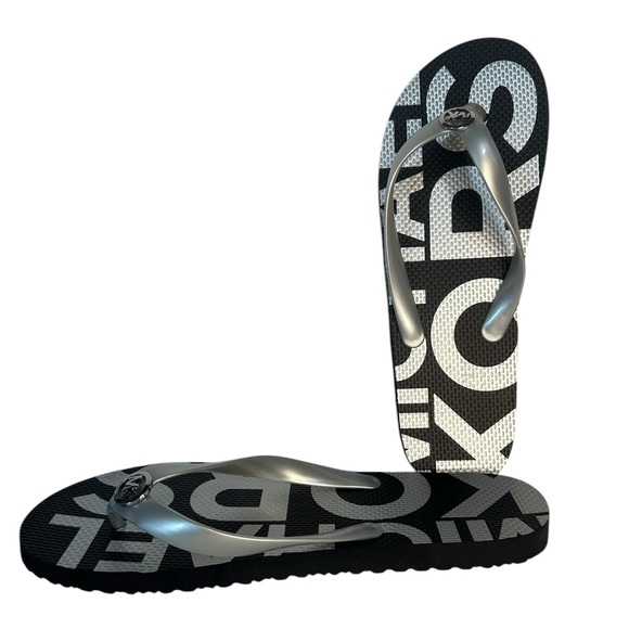 Michael Kors Black MK Flip Flop Metallic Letter Footbed Black/Silver Size 11 - Picture 2 of 6